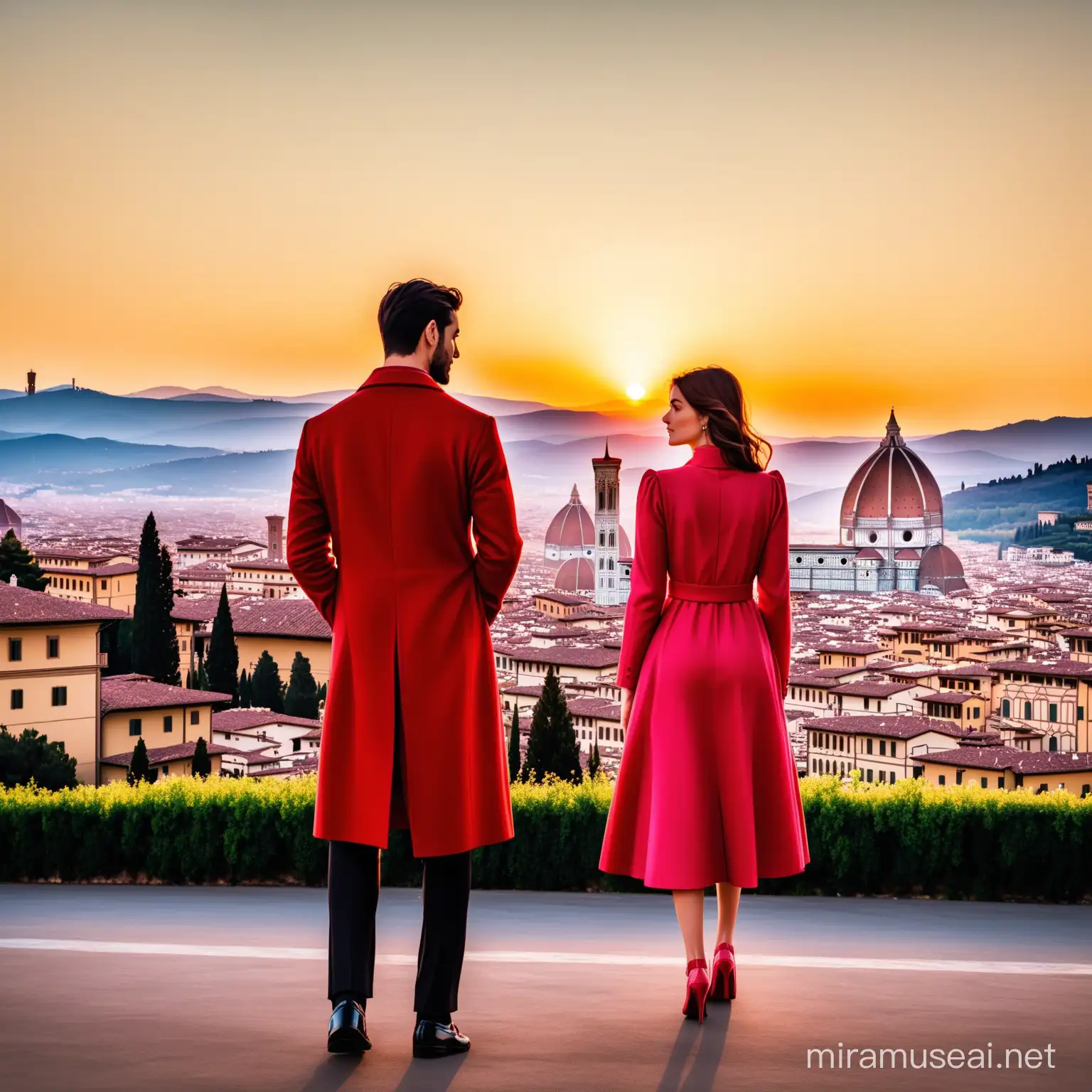 The background is a hill in Florence, Italy.

There is no one around, just a handsome man and a beautiful woman.

The two are watching the sunset.

The man is wearing a red coat and black pants.

The woman is wearing a pink dress and red shoes.

It's a romantic scene.