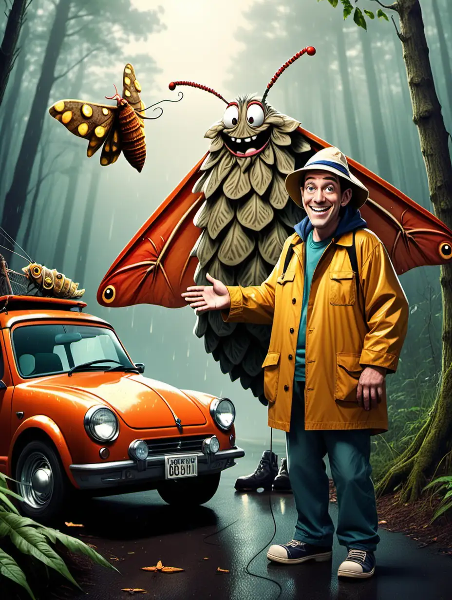 urban legend, smiling man, hand is a hook, cartoon, goofy, dressing in a fisherman's raincoat and hat, standing next to a smiling giant moth that looks human, standing next to a car , setting is the forest