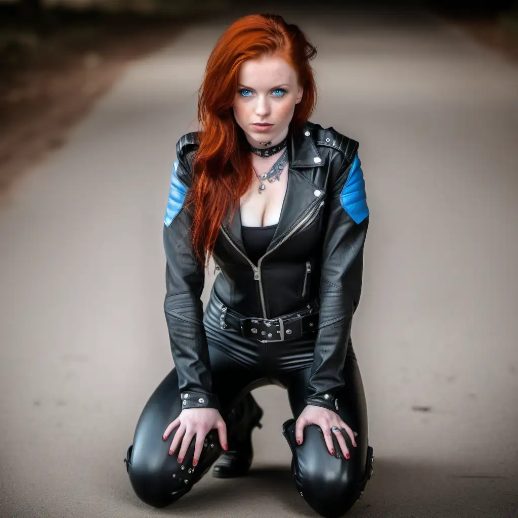 Young redhead biker girl with piercing blue eyes, kneeling in a tight leather outfit