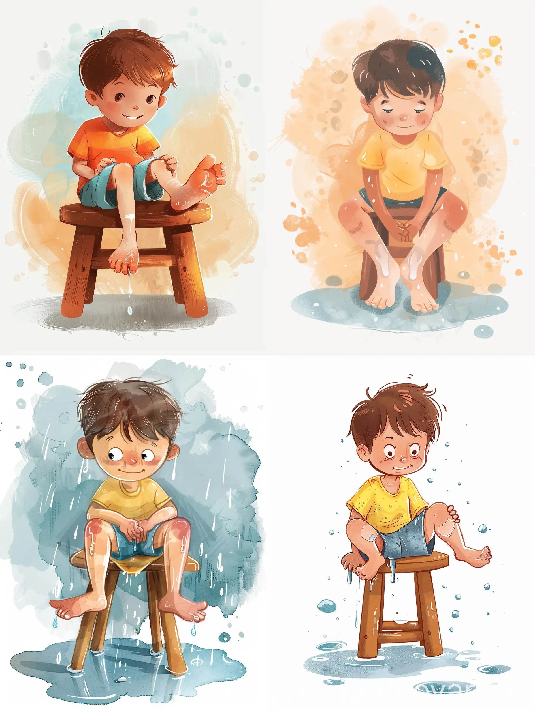 Young-Boy-Seating-on-Stool-Soaking-Feet-High-Quality-Illustration