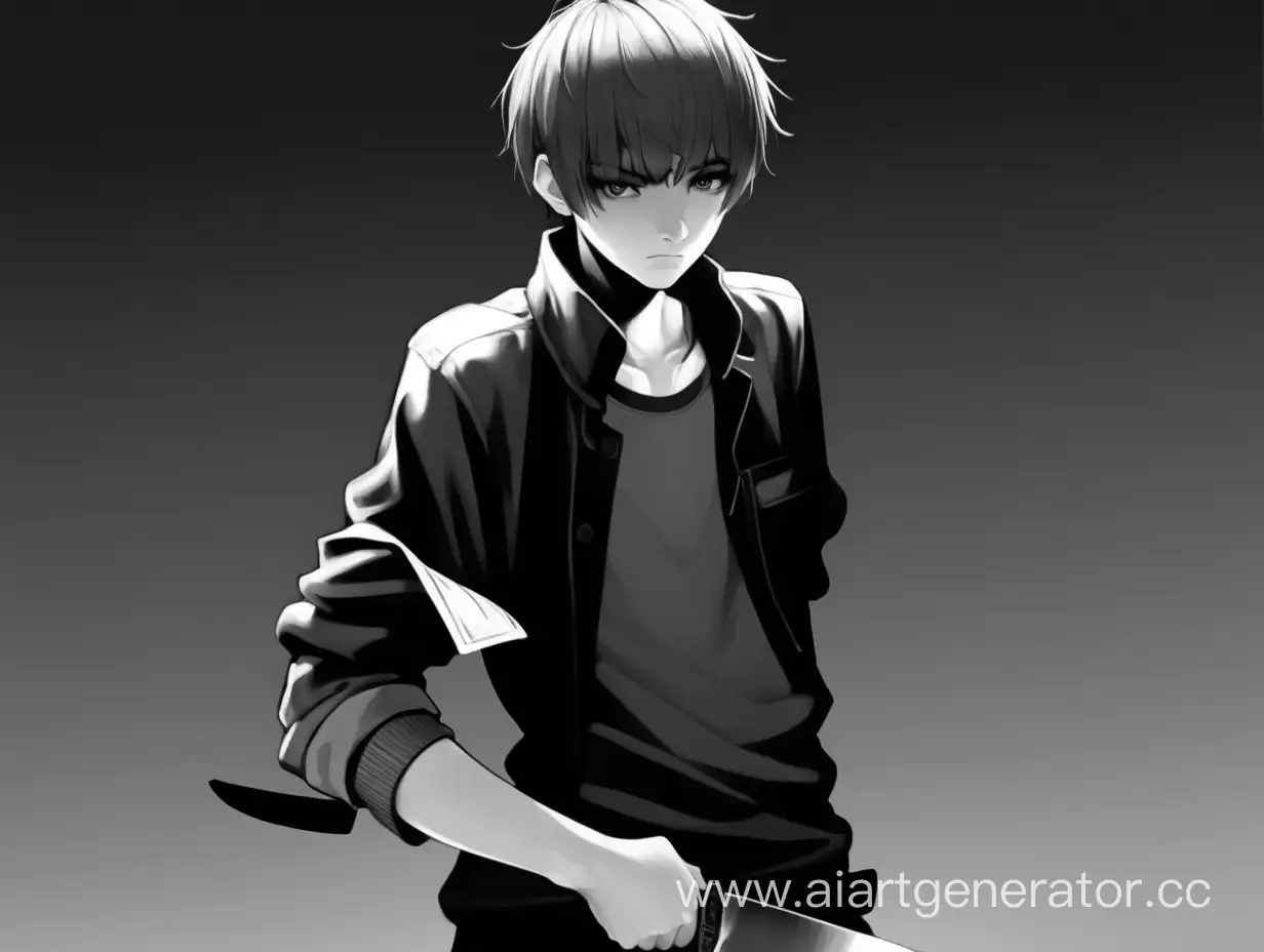 greyscale, knife, holding_knife, solo, 1boy, holding, monochrome, short_hair, male_focus, looking_at_viewer, thighhighs, black_eyes, expressionless, black_thighhighs, closed_mouth