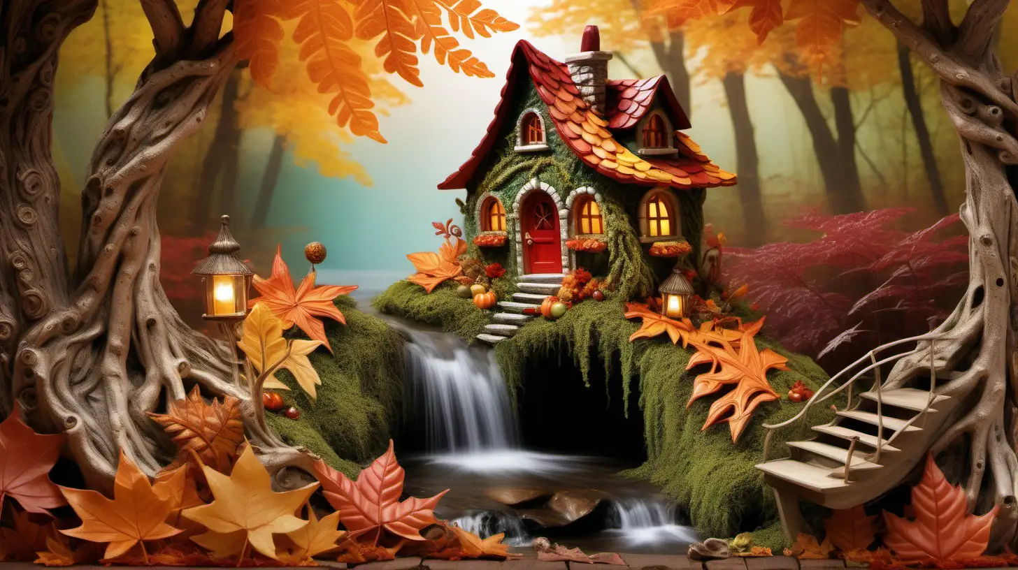 Capture the essence of autumn's allure amidst the serene beauty of nature's canvas. Frame your shot through a lush array of ferns, guiding the viewer's gaze towards a mesmerizing sight—a whimsical fairy house suspended and artfully built into the weathered bark of a majestic tree. Surrounding this enchanting abode, the vivid hues of autumn leaves cascade, painting a vivid tapestry of golds, reds, and oranges. Beyond the ethereal dwelling, a gentle stream meanders, reflecting the vibrant foliage and adding a serene ambiance to the scene. Embrace the interplay of seasonal colors and textures, letting the soft sunlight illuminate the scene, casting a magical glow upon the suspended fairy house and creating a picturesque view. This photograph should evoke a sense of wonder, inviting viewers into a tranquil realm where the magic of autumn intertwines with the whimsy of fairy-tale enchantment