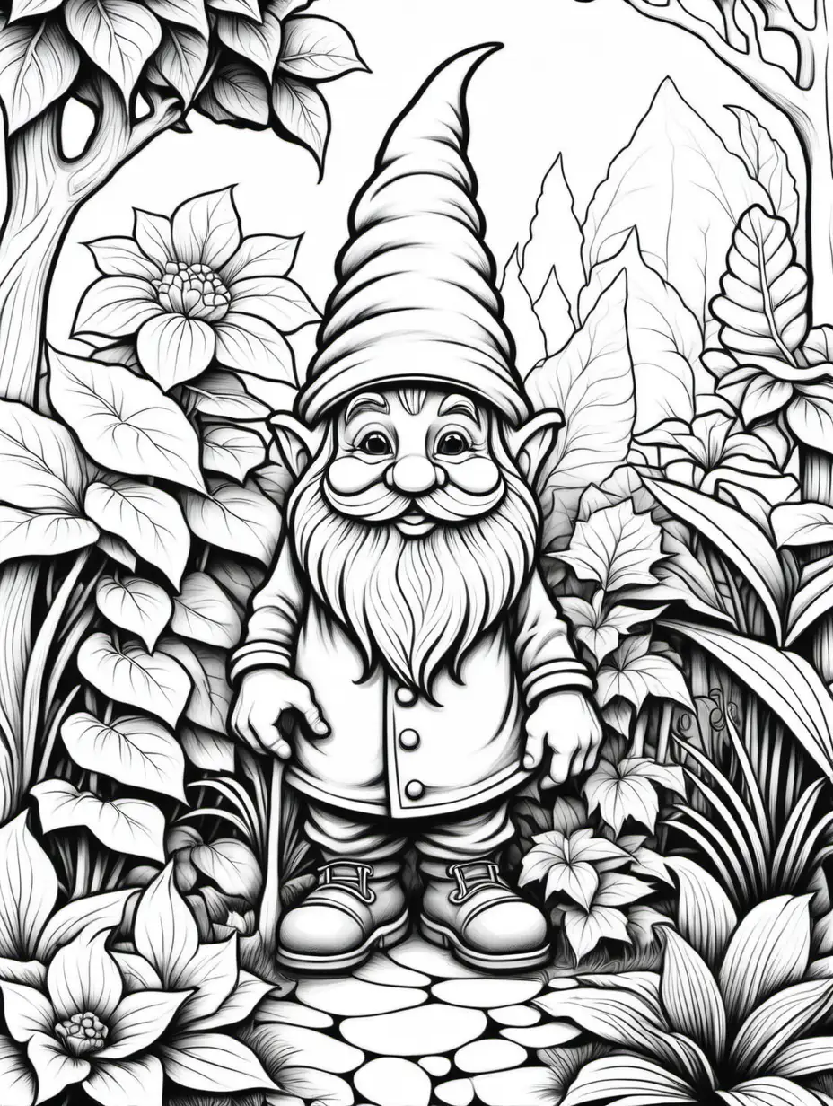 coloring page, gnome near garden, thick lines, low detail, no shading,