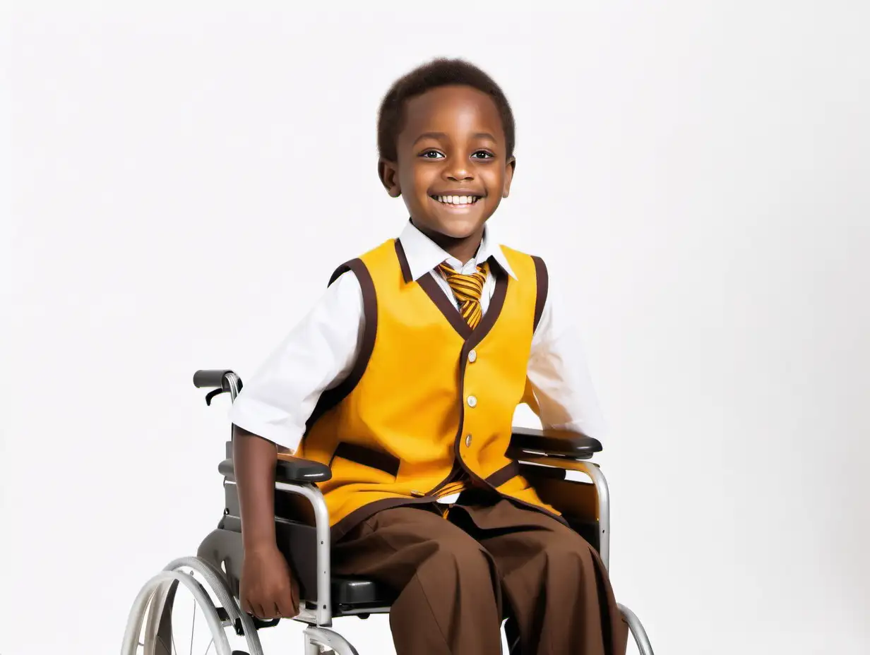 Cheerful African Child in Yellow and Brown School Uniform on Wheelchair