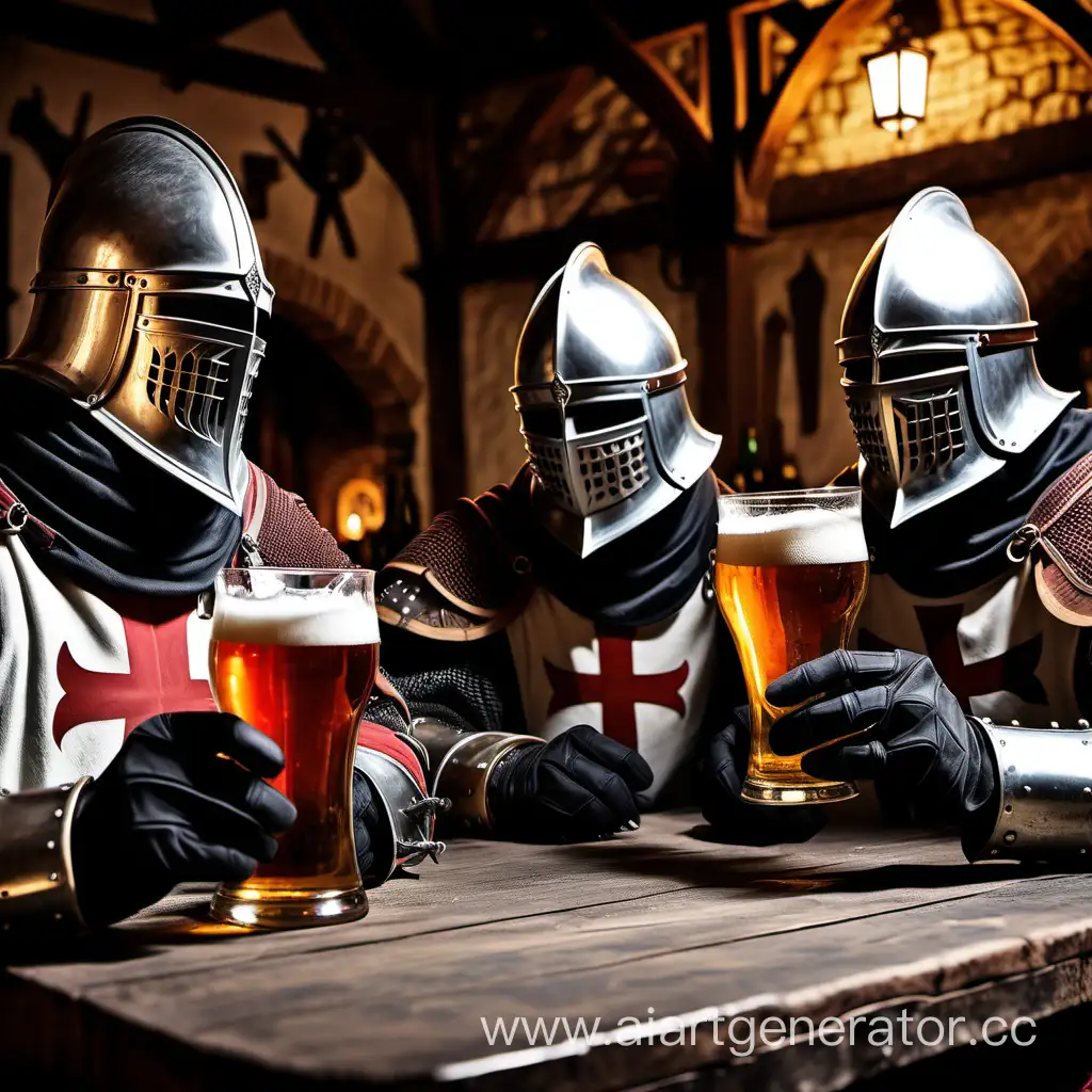 Three templar knights drinking beer in tavern 