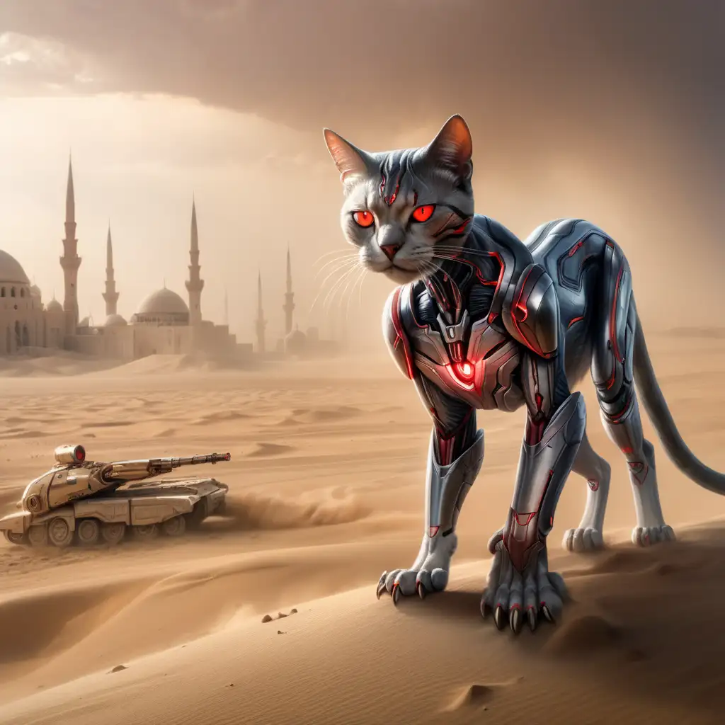 Feline ultron in the middle-east, sandstorm in the distant background, glowing red eyes, extended claws