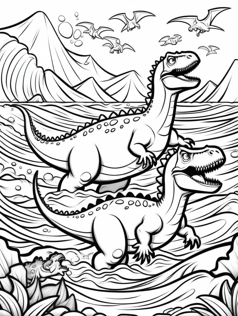 Cartoon Dinosaurs Underwater Coloring Page for Kids