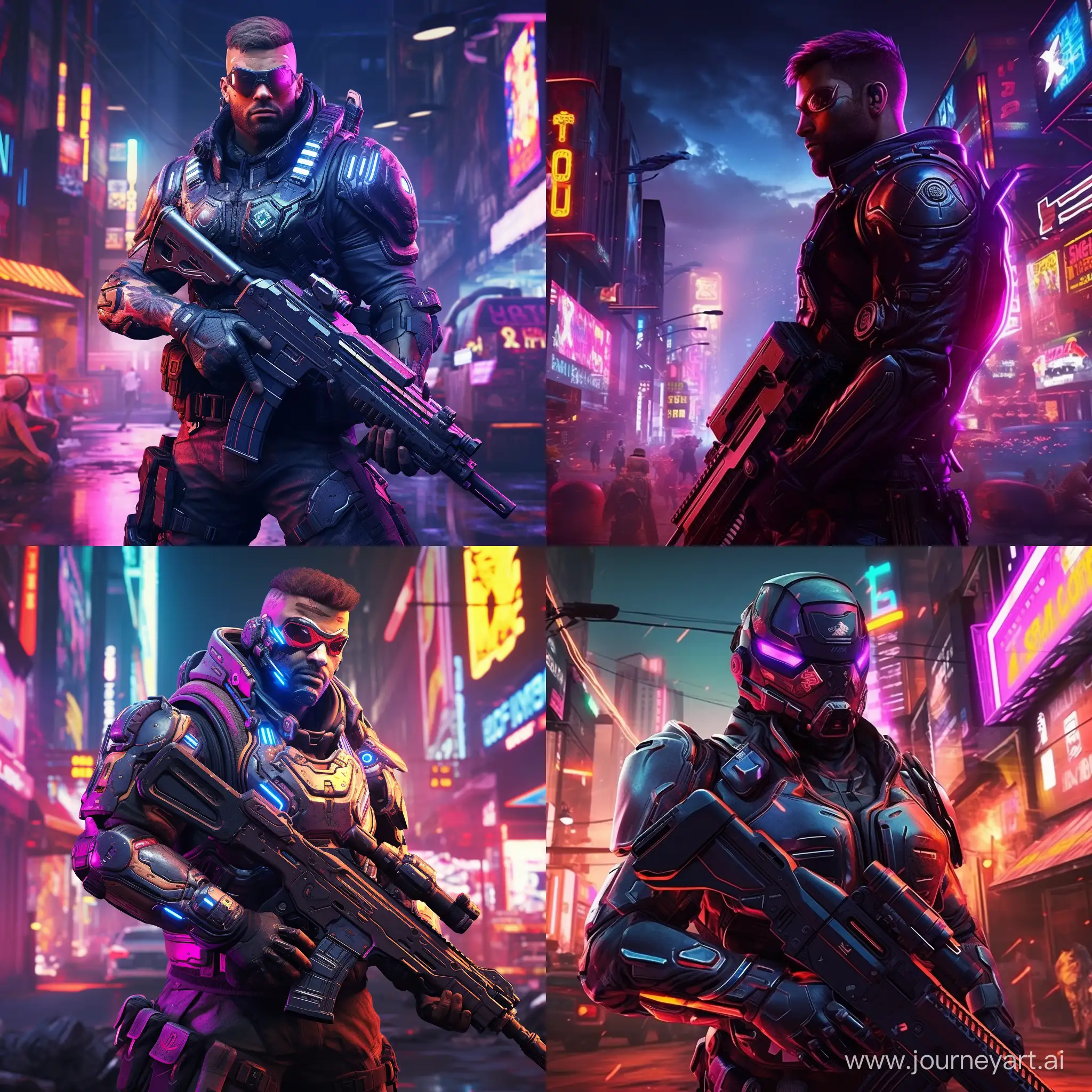 Futuristic-Cyberpunk-Soldier-with-Shield-and-Shotgun-Amidst-Neon-Cityscape