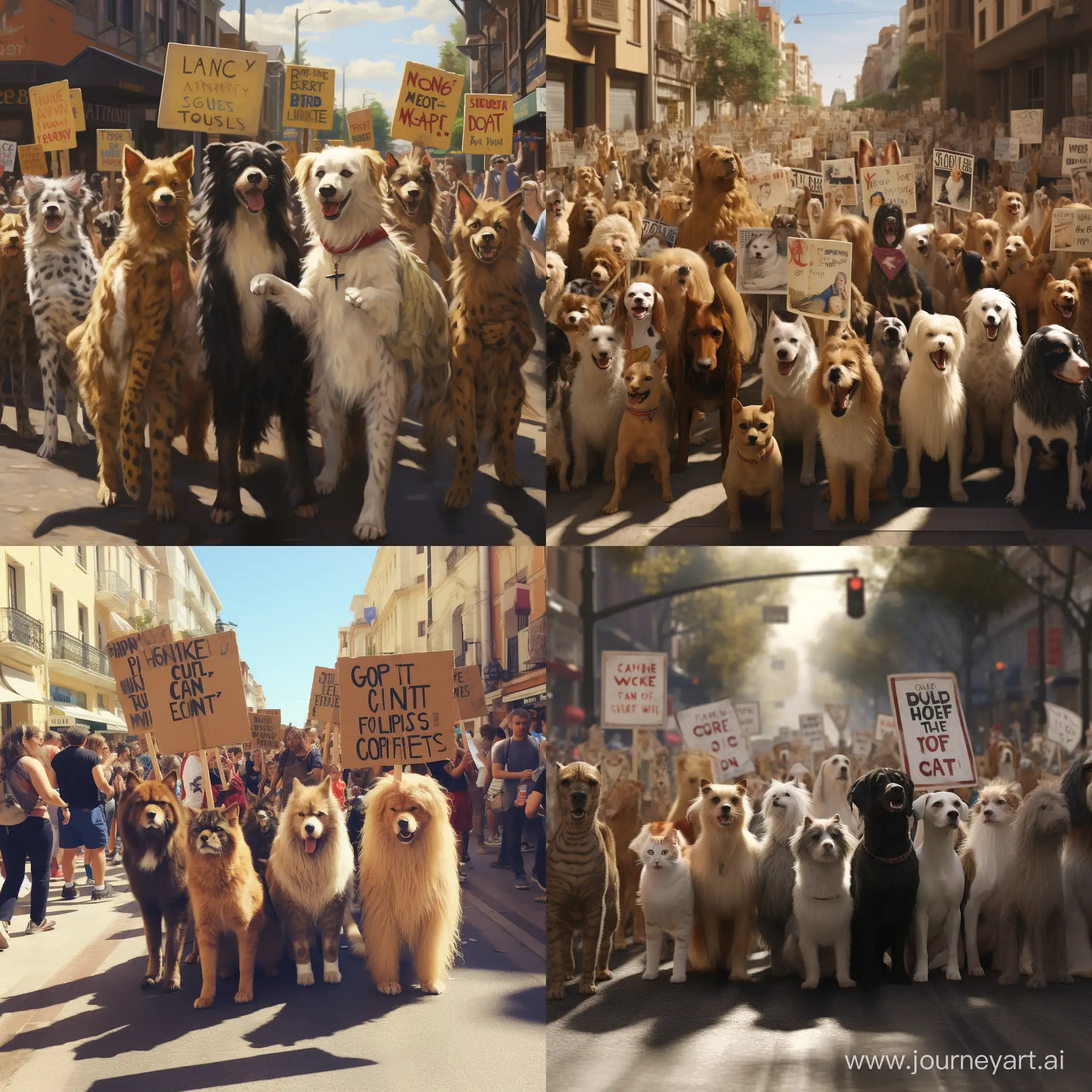 Photorealistic protestors walking street with signs saying “Dogs are not Cats!”