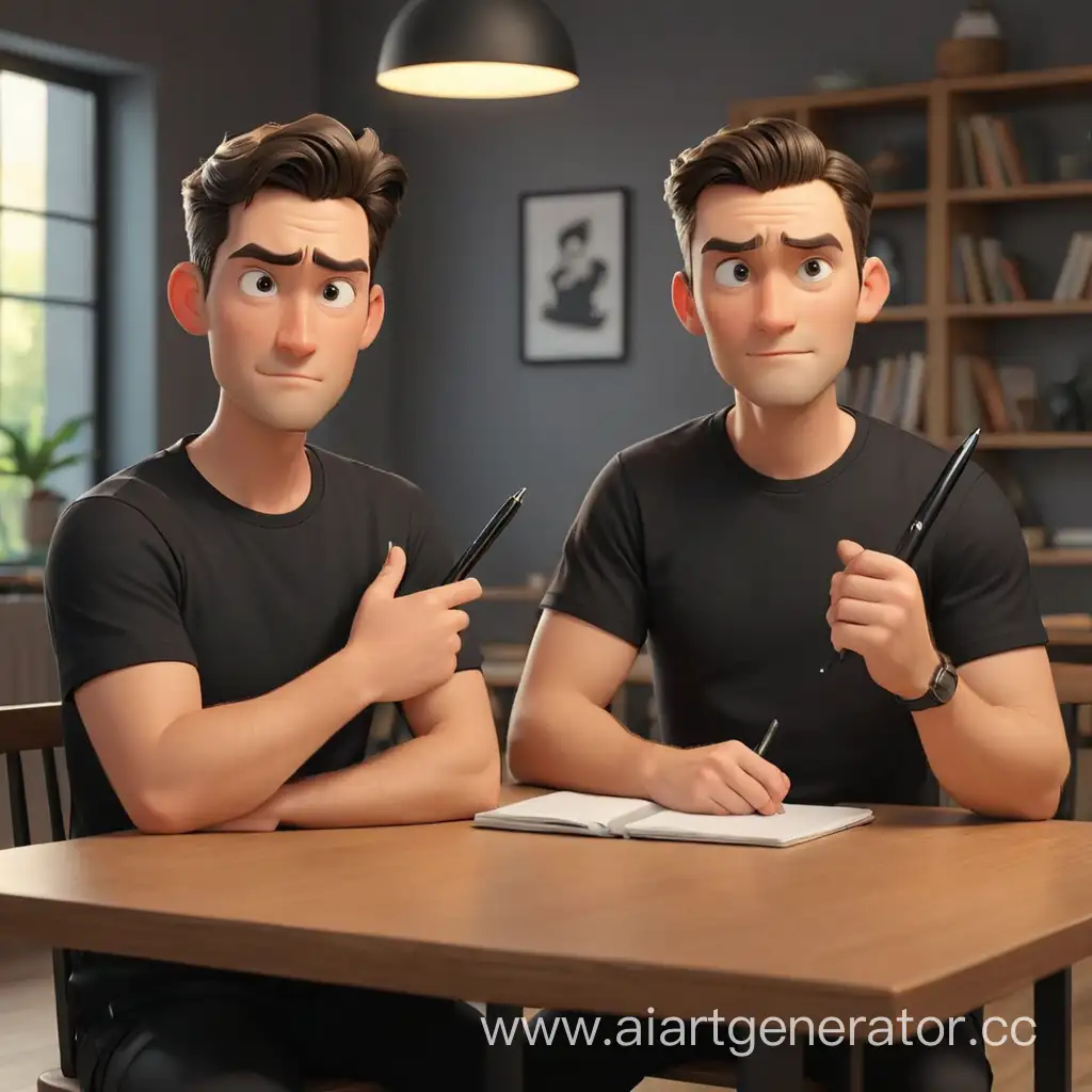 два мультяшных мужчины в черных футболках держат в руках ручку и отдыхают, сидят за столом3д