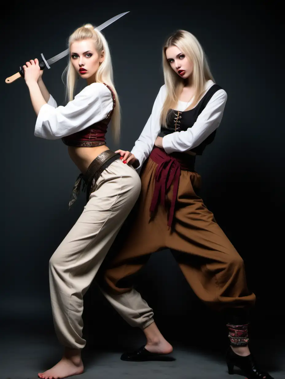 Blonde vs Brunette Clash in Folklore Costume Duel with Baggy Harem Pants