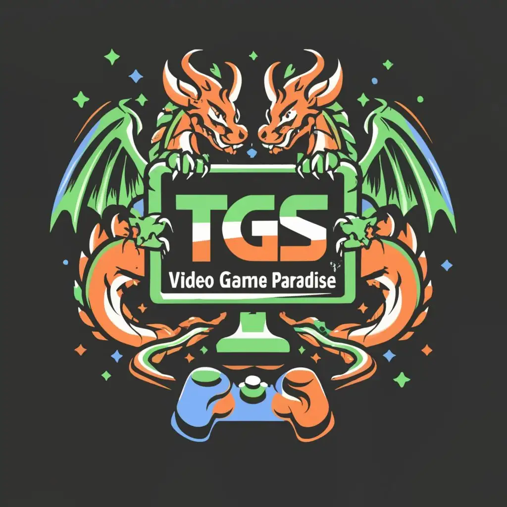 a logo design,with the text "[[[TGS]]]", main symbol:words displayed on a computer screen, surrounded by a circle with a dragon-theme, video game community, joystick, mouse, keyboard, black, purple, teal, [World of Warcraft] [Fortnite],Moderate,be used in Entertainment industry, fire background, flames, controller more defined, shiny metal