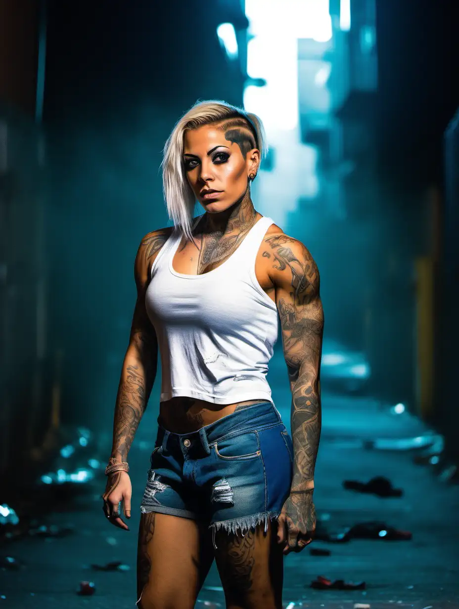full height extremely muscular tattooed hispanic female with blonde hair in a single braid wearing a bloodstained sleeveless white cut off tee shirt and torn blue denim shorts standing in a cluttered alley at night in the fog flexing her muscles