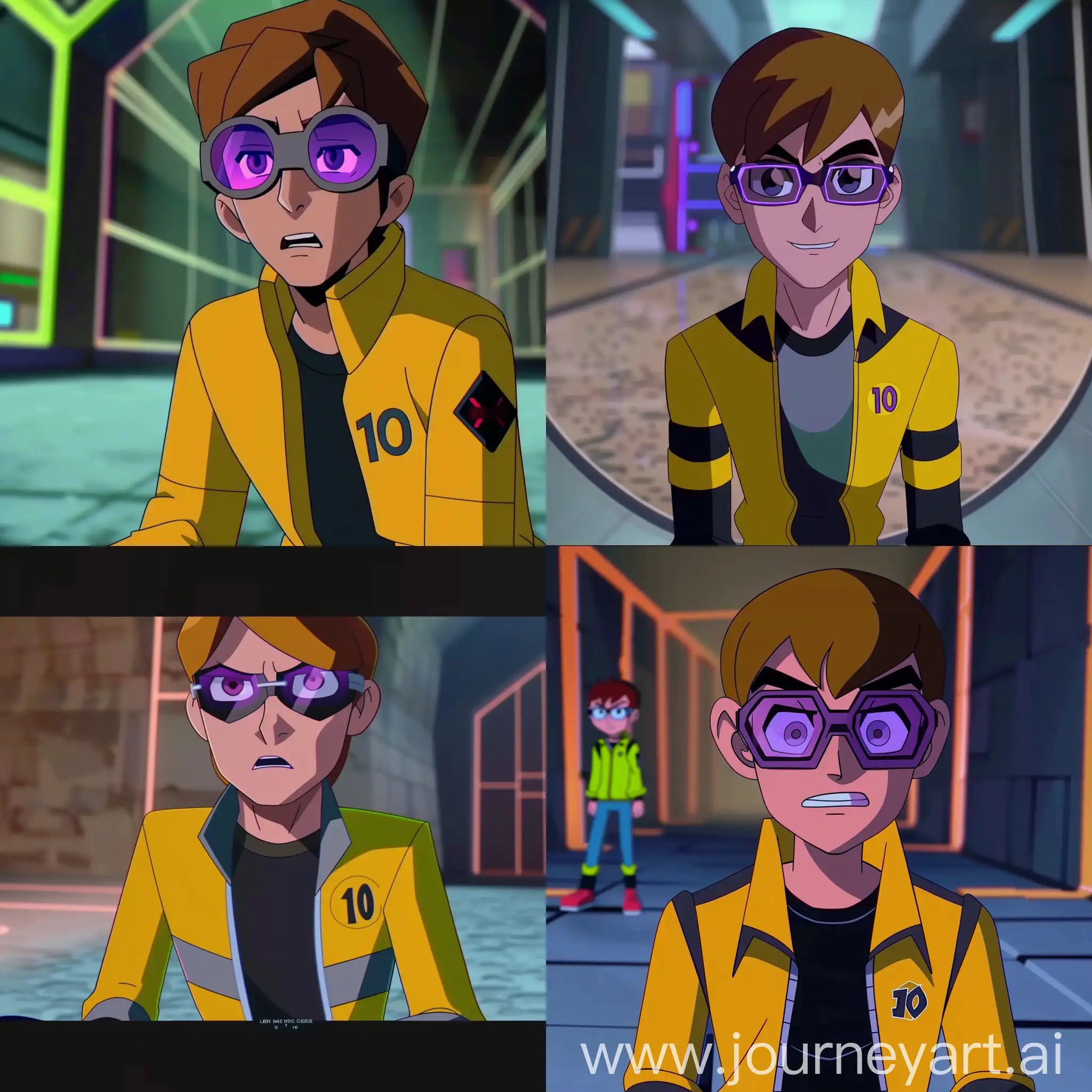 he's an animated character in the style of Man of Action[ben 10], he's handsome and has curved jawline, he is 5'11 in height and 60kg in weight. he wearing glasses with one lens of color purple and other lens of color grey, still is captured from front straight angle and it's a close shot with him smirking a little and "ben 10" is embroidered on his yellow jacket and black sweatshirt underneath, still from the film. he's sitting on the empty hollow space with dim blur aesthetic background --v 6  --sref https://cdn.discordapp.com/attachments/1215979386310889605/1216982884083040266/Picsart_24-03-08_22-57-05-471.jpg?ex=66025ea2&is=65efe9a2&hm=a3c3cd11df6f7a445bf1bb038220edc722e23bafed0277ddb6c2189fdd7132ea&