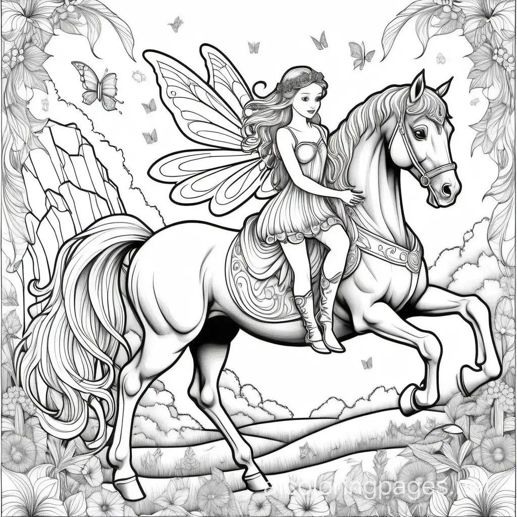 majestic fairy with horse black and white adult coloring page , Coloring Page, black and white, line art, white background, Simplicity, Ample White Space. The background of the coloring page is plain white to make it easy for young children to color within the lines. The outlines of all the subjects are easy to distinguish, making it simple for kids to color without too much difficulty