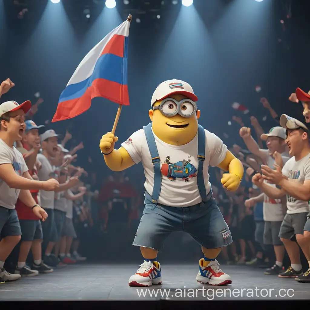 накачанный миньон, в кроссовках nike air max 95, в футболке с флагом россии, стоит на сцене и кидает в зрительный зал свинью в кепке украина