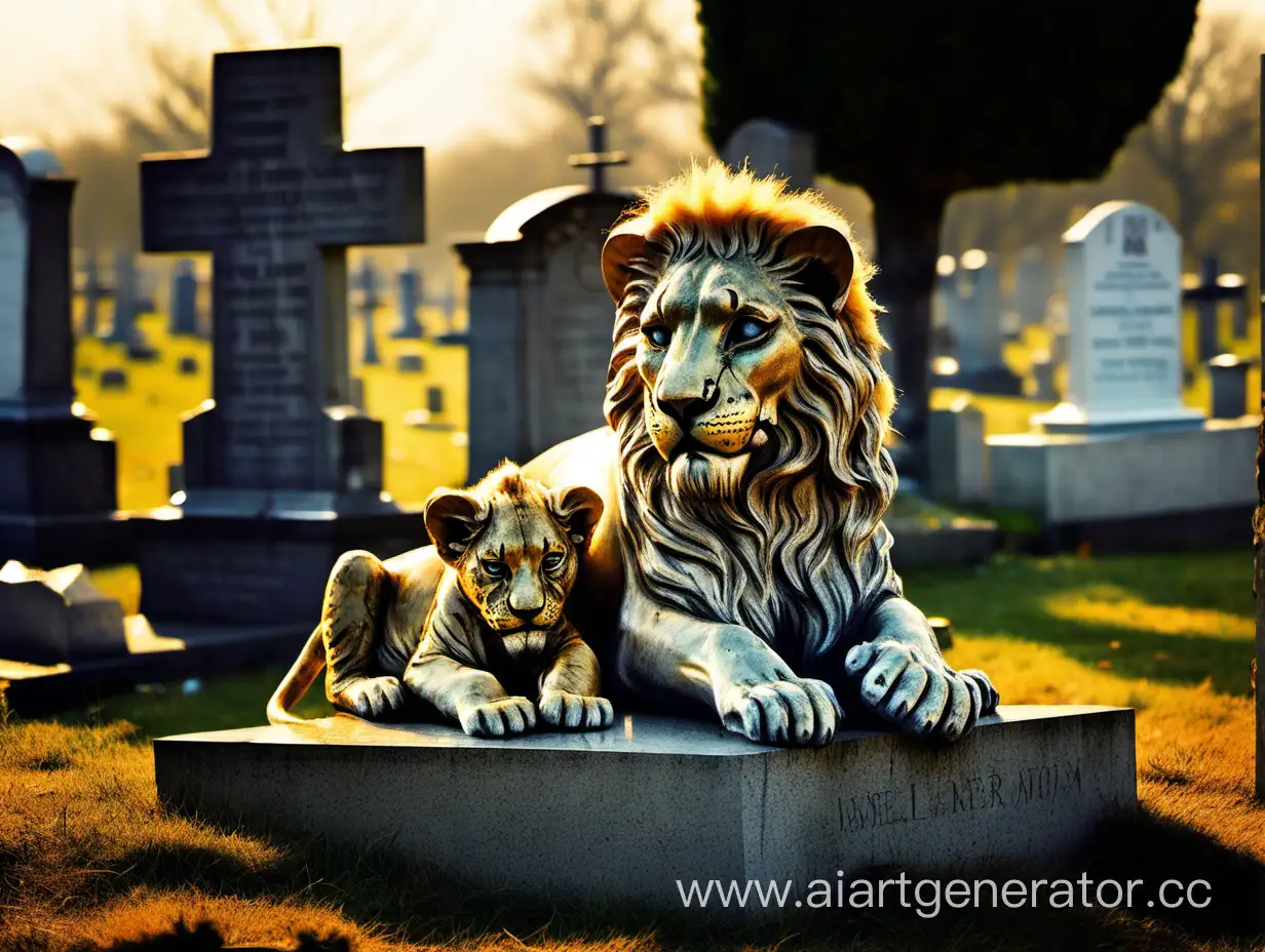 Melancholic-Lioness-Mourns-Over-Her-Cubs-in-Sunlit-Cemetery