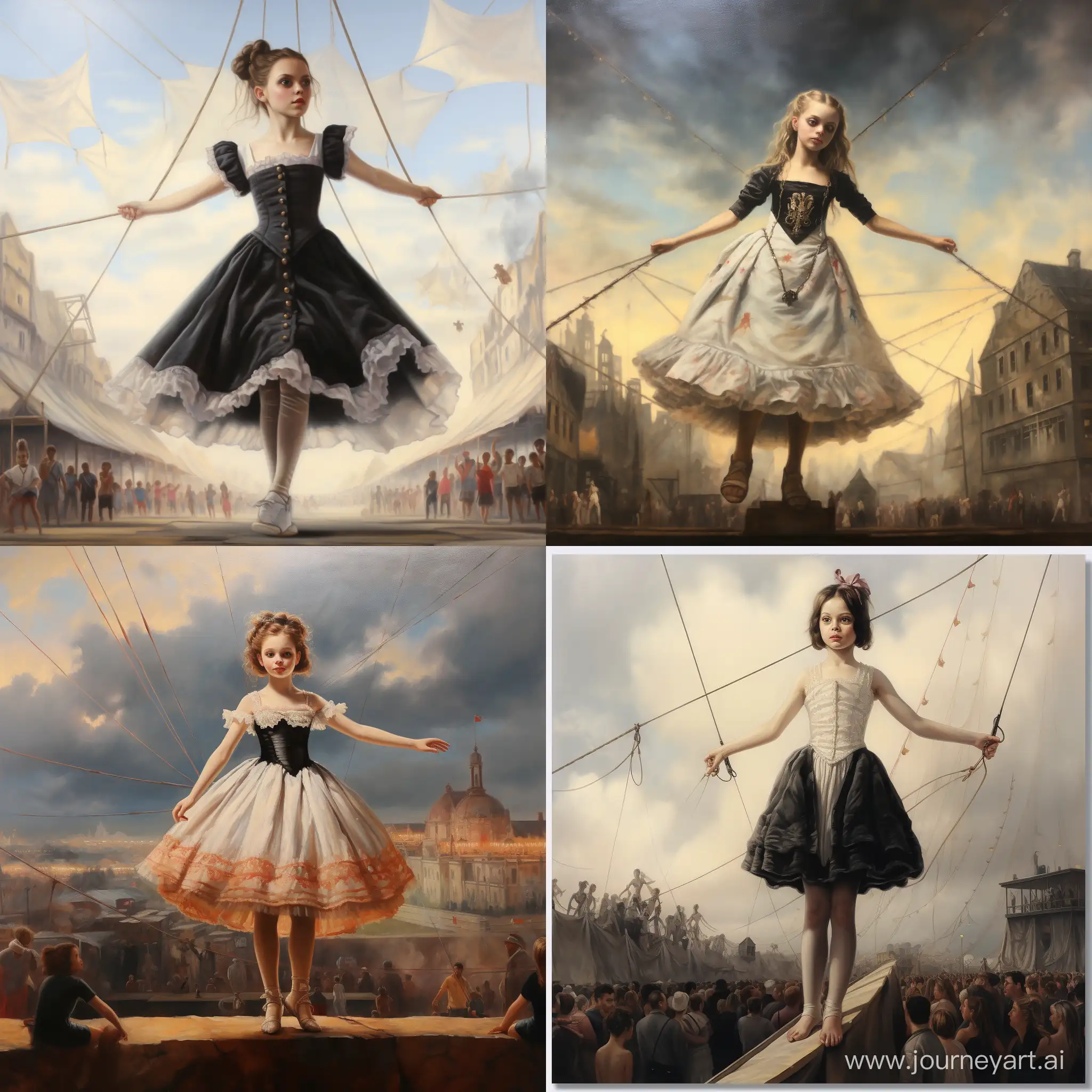 lowbrow painting of a young girl walking a tightrope in PT Barnum circus, wearing ballet shoes, high above the crowd and tents