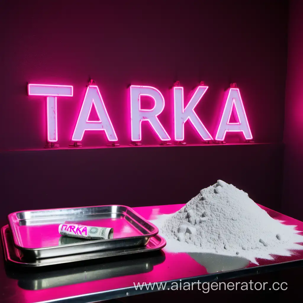 клубная атмосфера с неоновой розовой надписью TARKKA. все должно быть чётко видно, на столе лежит серебрянное блюдо с горкой белого порошка, доллар скручен в трубочку.