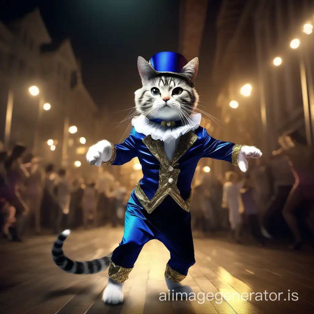 realistic photo dancing cat in a costume beautiful expressive eyes richly decorated costume, 3d? 8K, ultrarealistic high octane number super resolution stunning detail, perfection in frame, photorealism, cinematic lighting, visual clarity, gigapixel, color correction, retouching, wide-angle lens, no digital painting blur