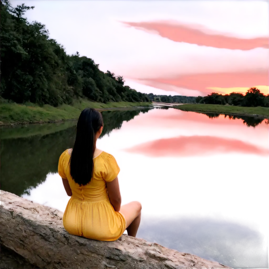 necesito una imagen de un río de Santa Cruz de la sierra, con una niña viendo un atardecer romantico