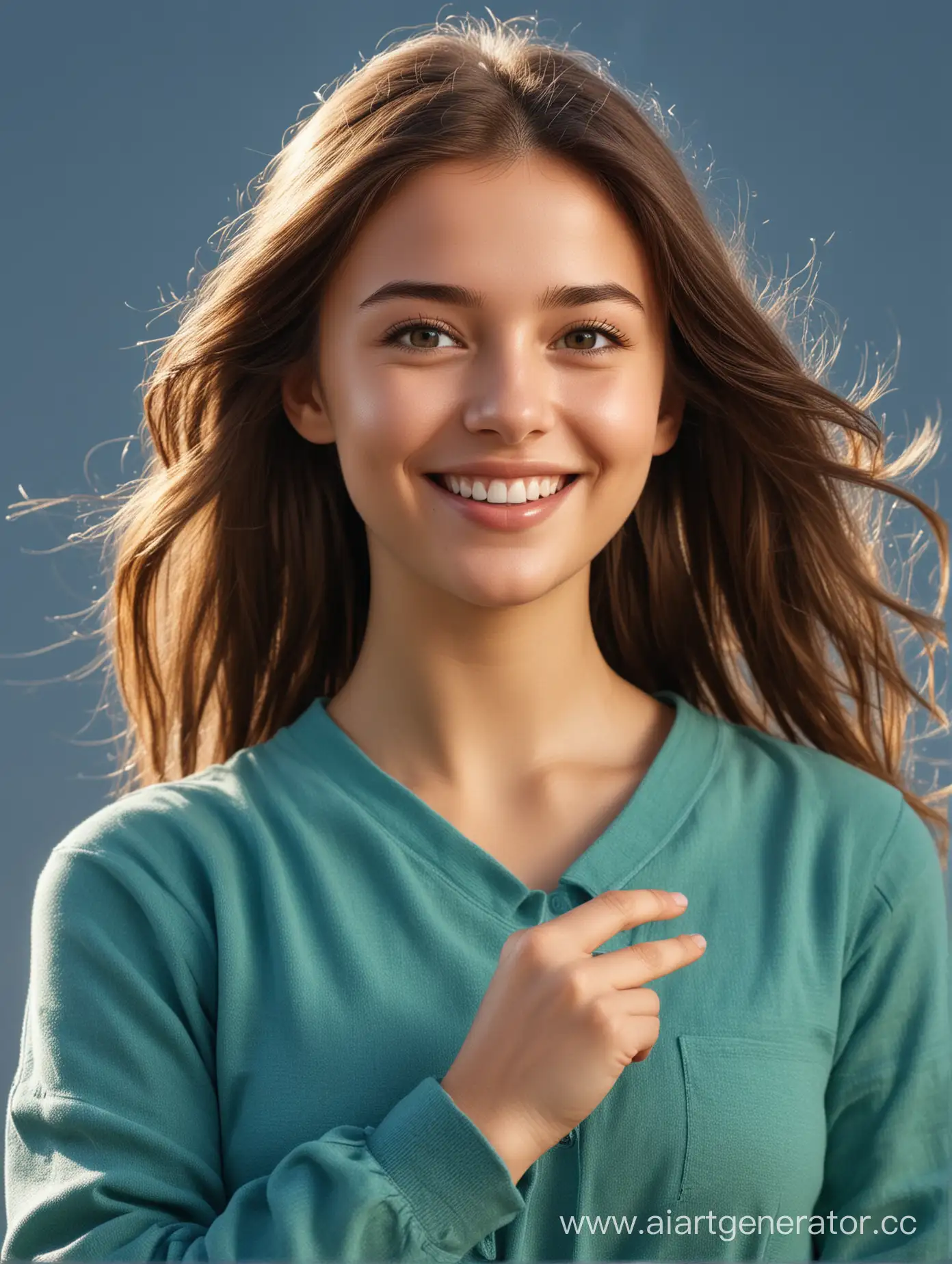 девушка  брюнетка в зелёно голубой одежде в полный рост . показывает жест класс, улыбается, высокая детализация глаз, реалистичное фото, волосы подсвечены солнцем