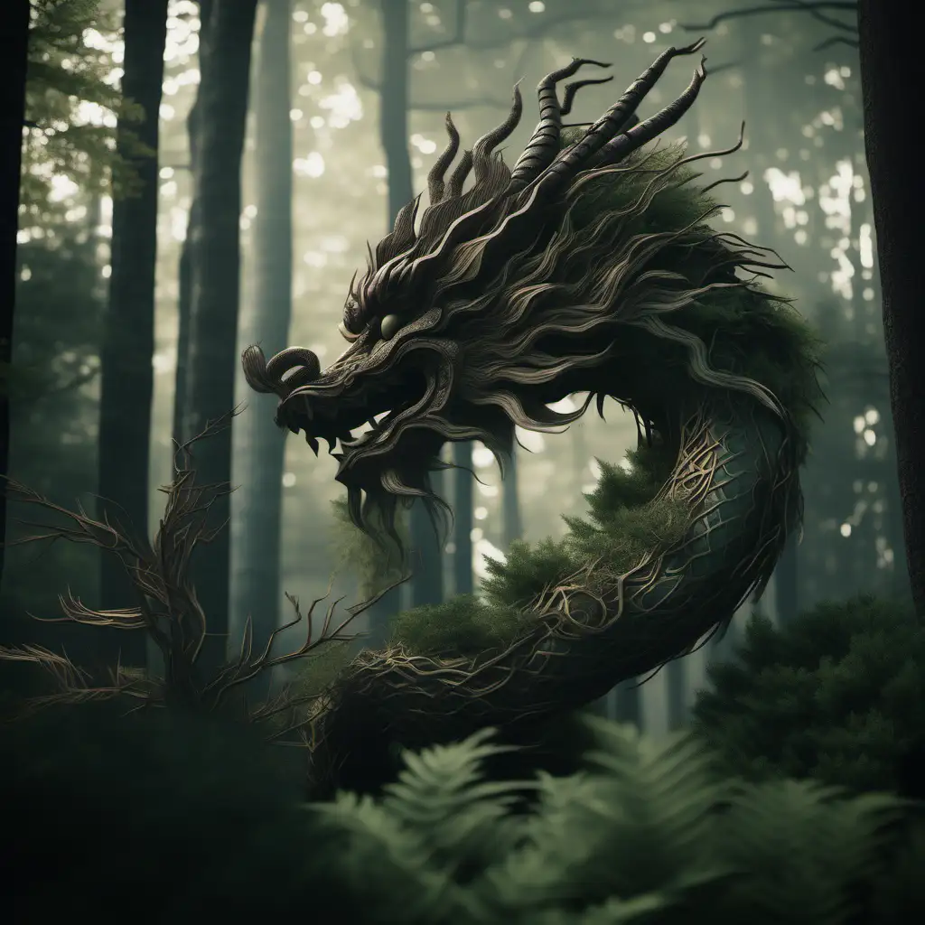 a Chinese dragon made of trees lurks in the forest, cinematic