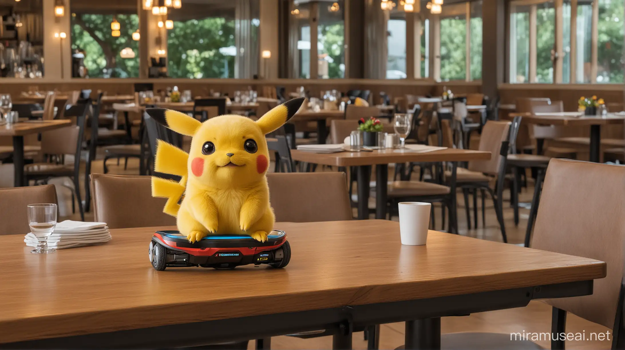 Pikachu with Hoverboard Enjoying a Meal at the Restaurant