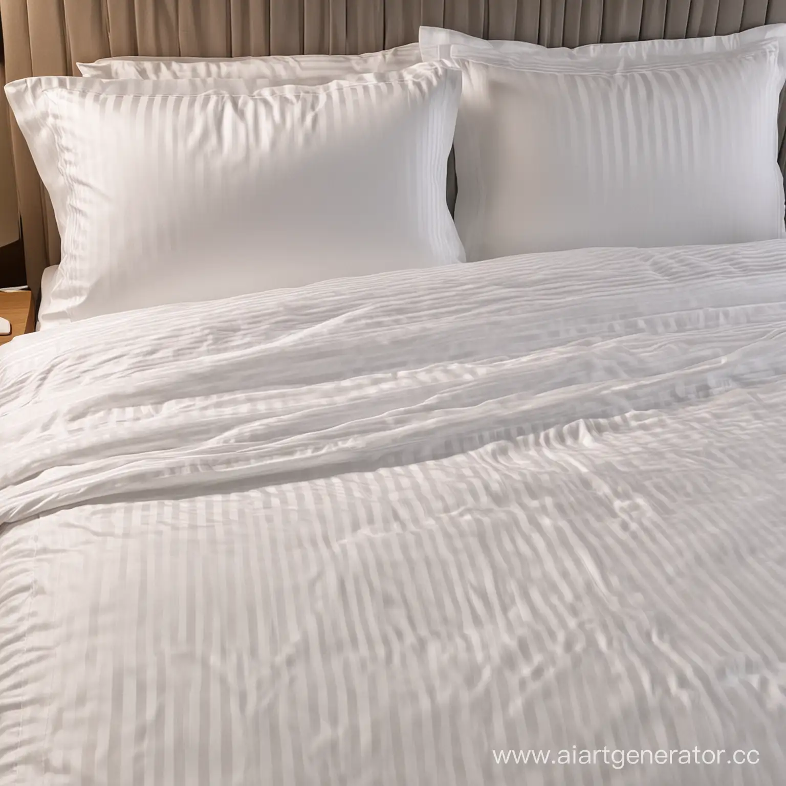 Кровать в номере гостиницы заправленная, постельное белье ткань сатин-страйп (в полоску), цвет белый, ширина повторяющихся полос 1 см