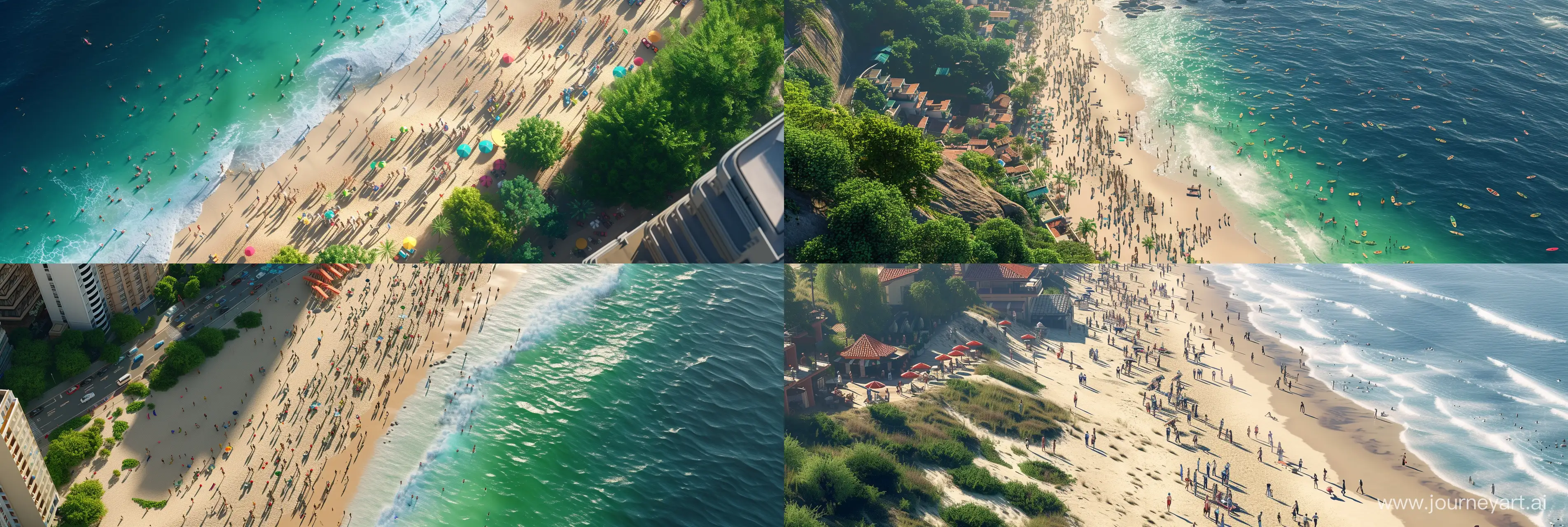 realistic animation; aerial view; sunny day; busy beach; with vegetation on the side and some buildings after; using all the graphics, lighting and design techniques of the most hyper realistic and current animations and games of the last generation; ray tracing technique; 16k; details; better CGI, --ar 9:3 --v 6.0 --style raw