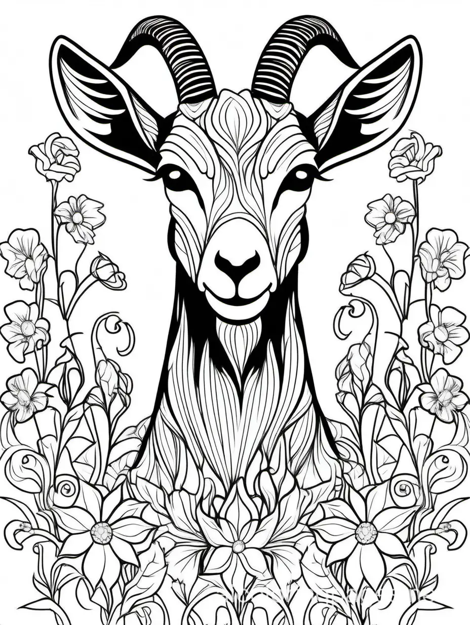 Goat-and-Flowers-Adult-Coloring-Page-for-Women