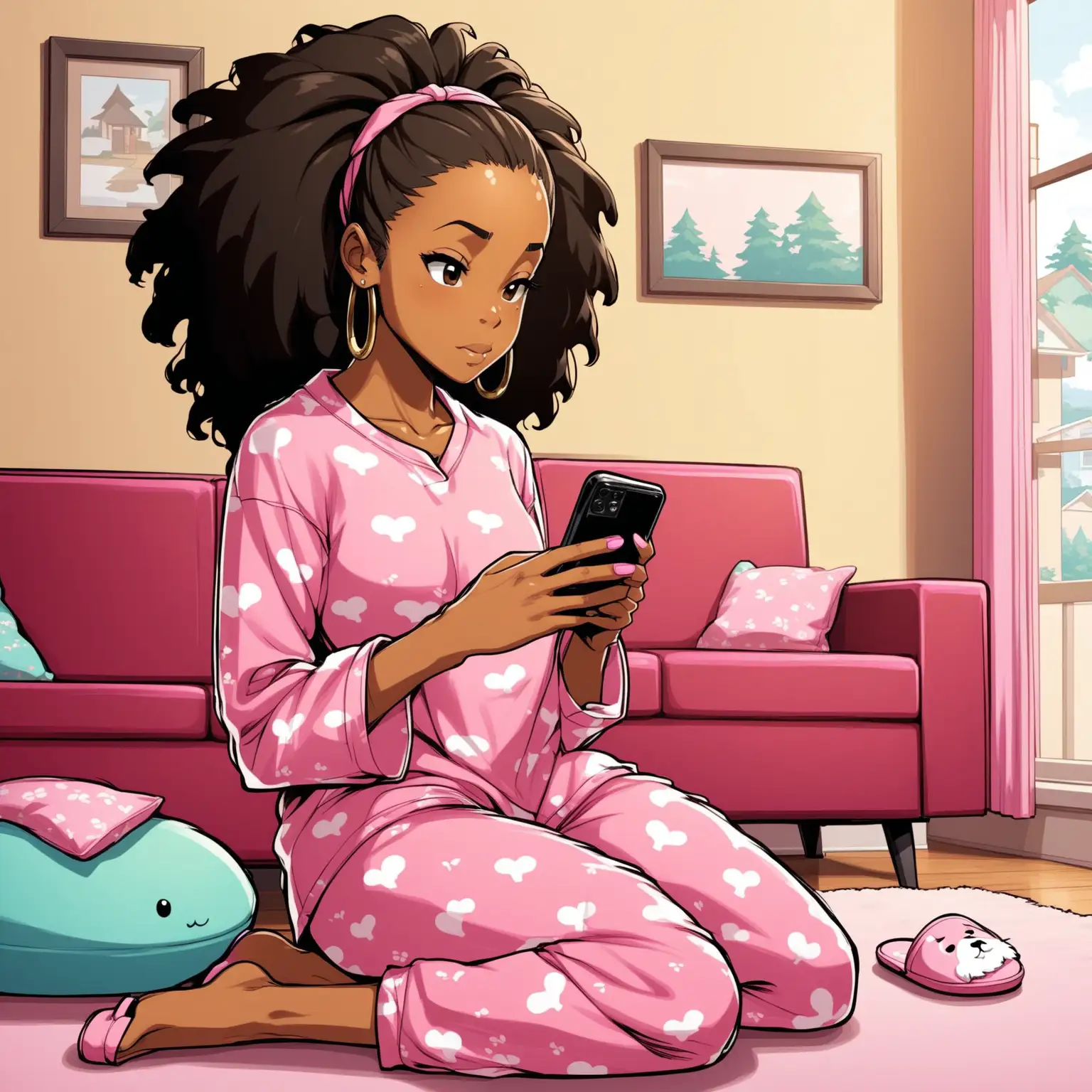 create the boondocks cartoon styled character,  dark skin african american woman with long black messy hair, with pink pajamas and house slippers, looking at her phone, living room background