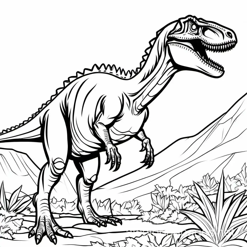 Produce a coloring page of an Allosaurus, with clear line art and simplicity in design, ensuring ease of coloring for kids., Coloring Page, black and white, line art, white background, Simplicity, Ample White Space. The background of the coloring page is plain white to make it easy for young children to color within the lines. The outlines of all the subjects are easy to distinguish, making it simple for kids to color without too much difficulty