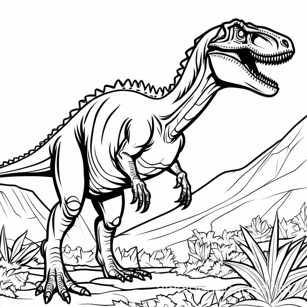  Produce a coloring page of an Allosaurus, with clear line art and simplicity in design, ensuring ease of coloring for kids., Coloring Page, black and white, line art, white background, Simplicity, Ample White Space. The background of the coloring page is plain white to make it easy for young children to color within the lines. The outlines of all the subjects are easy to distinguish, making it simple for kids to color without too much difficulty