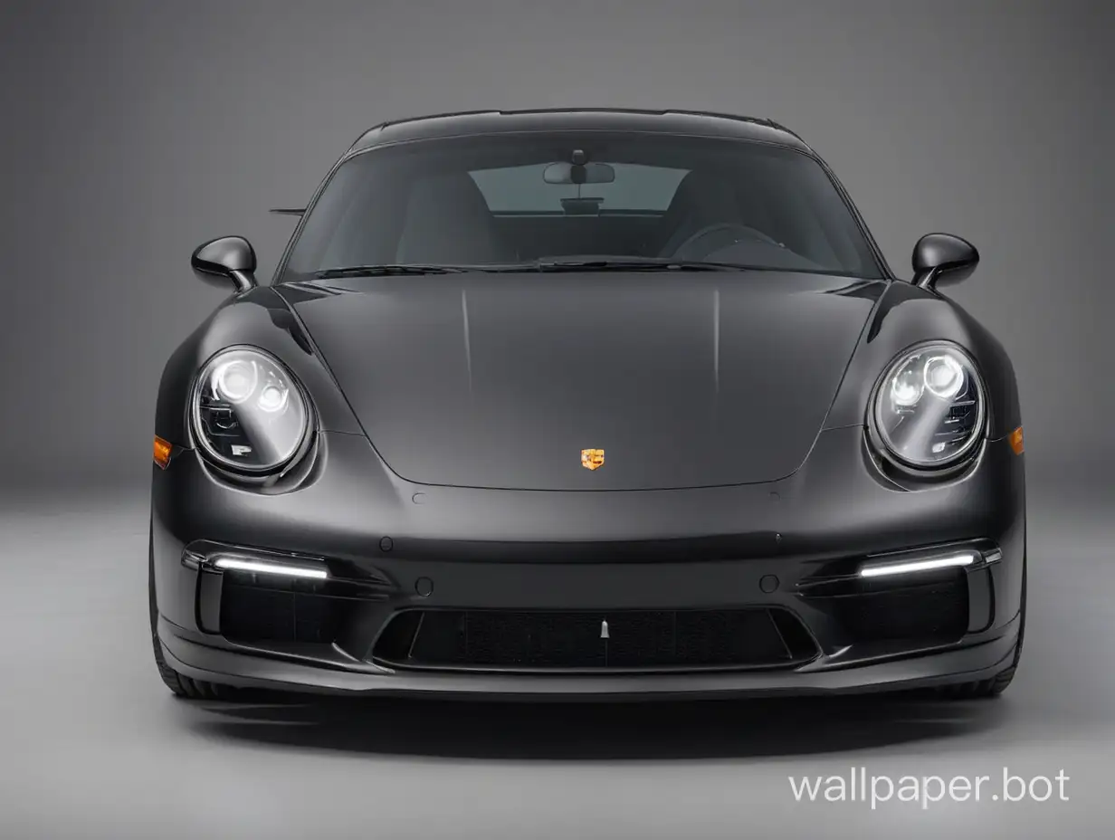 black Porsche car, expensive, front view, lights on, gray background