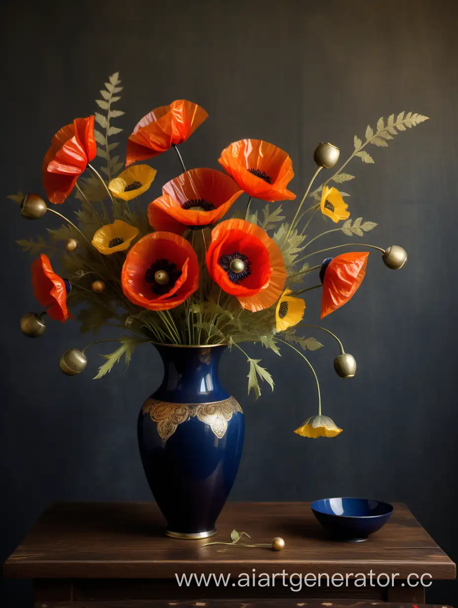 Elegant-Still-Life-Poppies-and-Decorative-Flowers-in-Dark-Blue-Vase