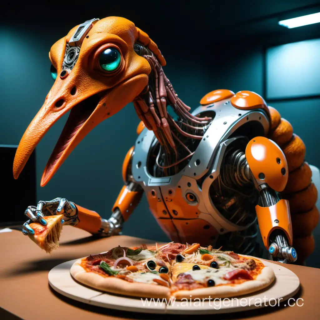 Futuristic-Cyborg-Dodo-Enjoying-Pizza-in-Vibrant-Orange-Setting