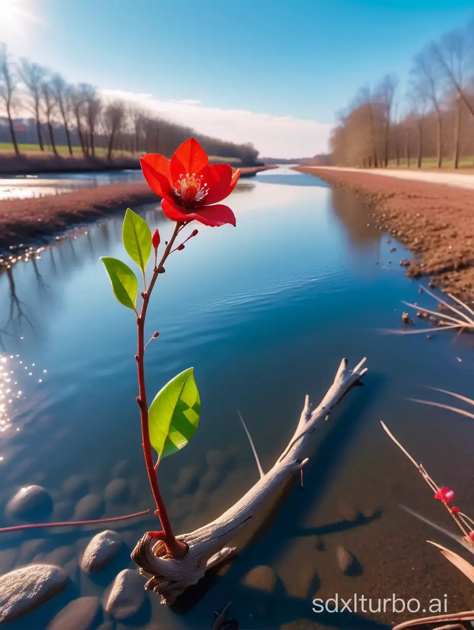 spring, dead tree sprouts, a red flower sways in the wind, background small river, blue sky and white clouds, natural light, backlight, high definition