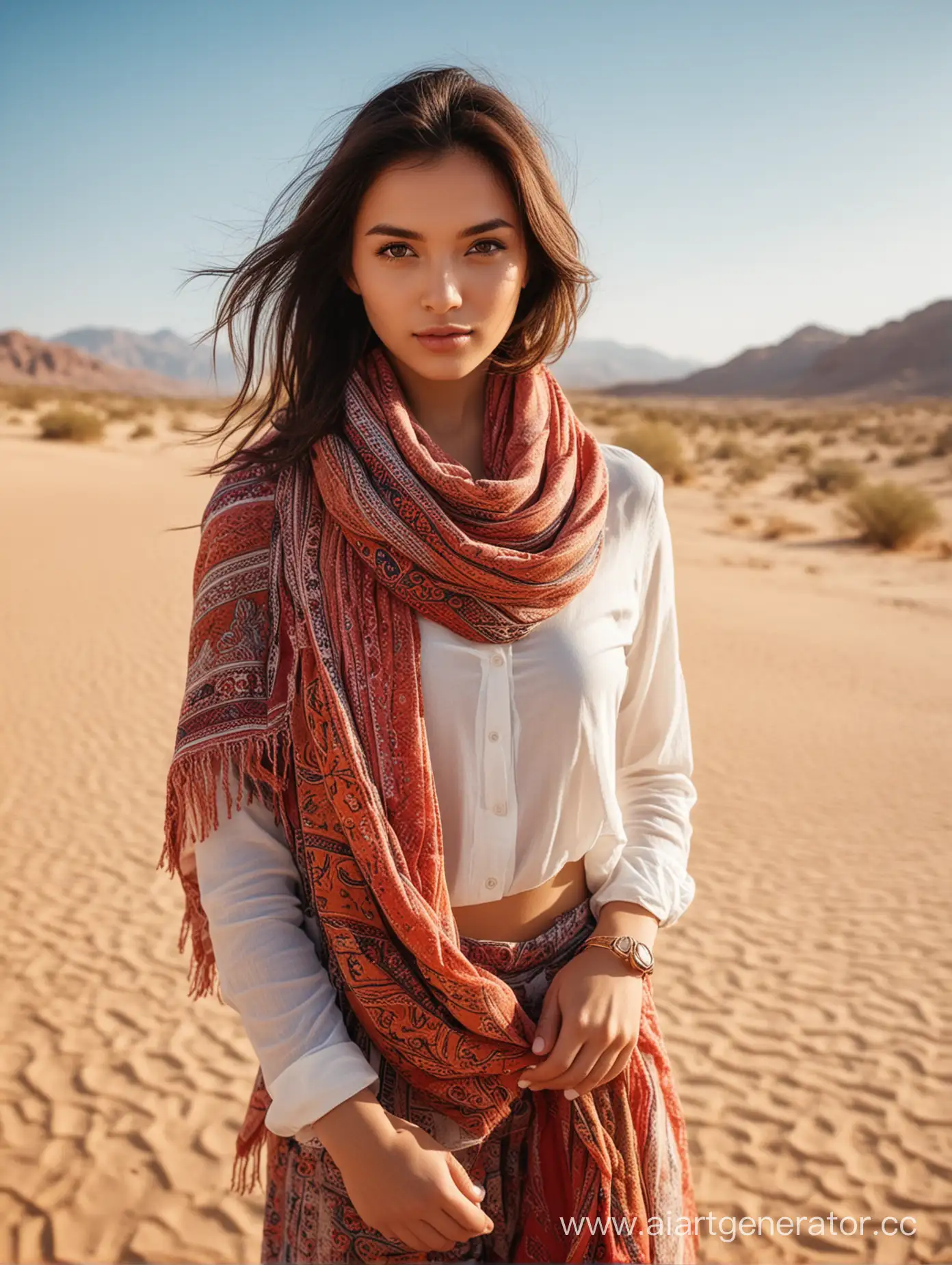 Красивая восточная девушка в платке, посреди пустыни