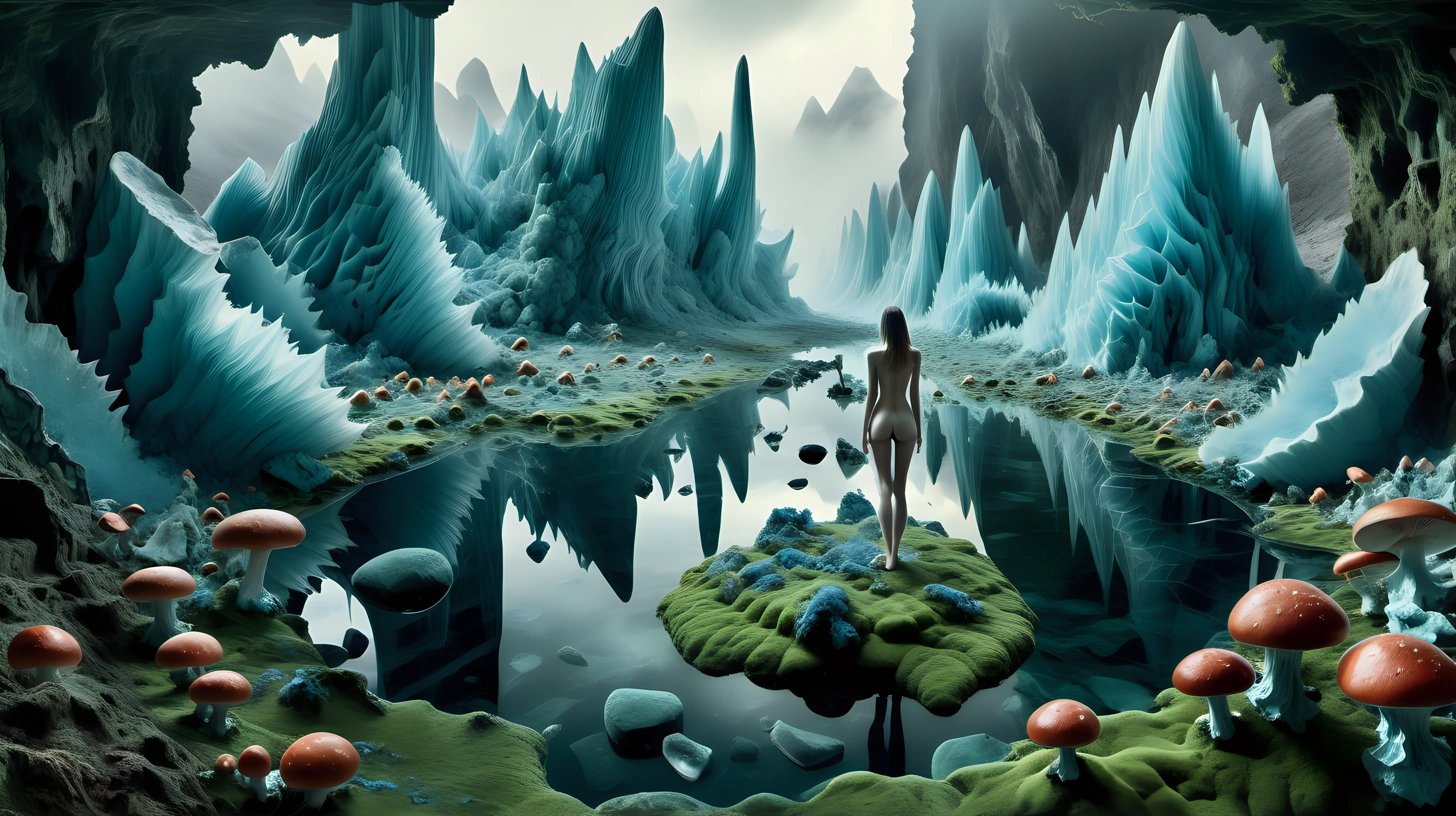 Psychedelic landscape, Rocky fractal glaciers, large crystalline bluish minerals, nude woman in center, Moss, large fleshy mushrooms, and water on the ground, serene, euphoric