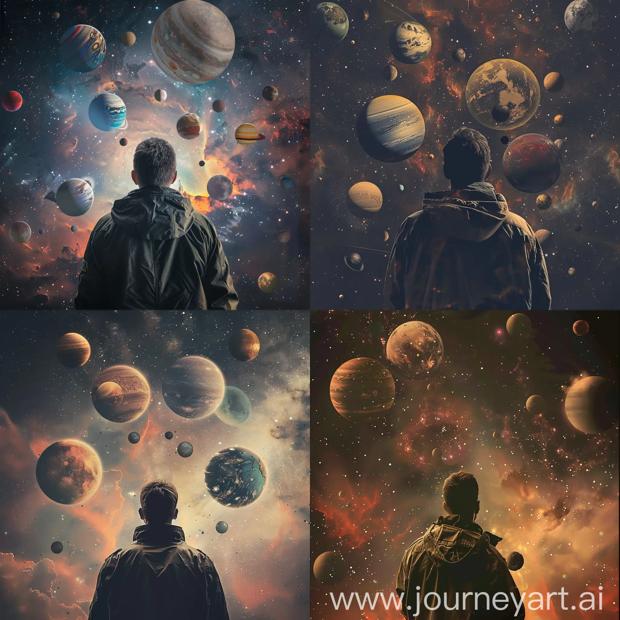 Design an image of a men in jacket in a space filled with floating planets