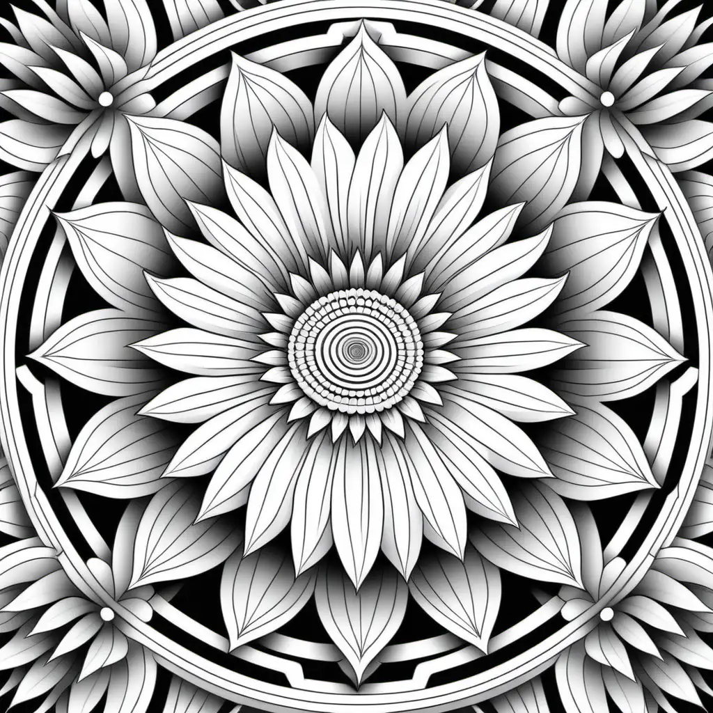 Adult coloring book, 3d Gazania blossoms background, Black and white, no shading, no color, thick black outline, Symmetrical mandala made of geometric shapes.