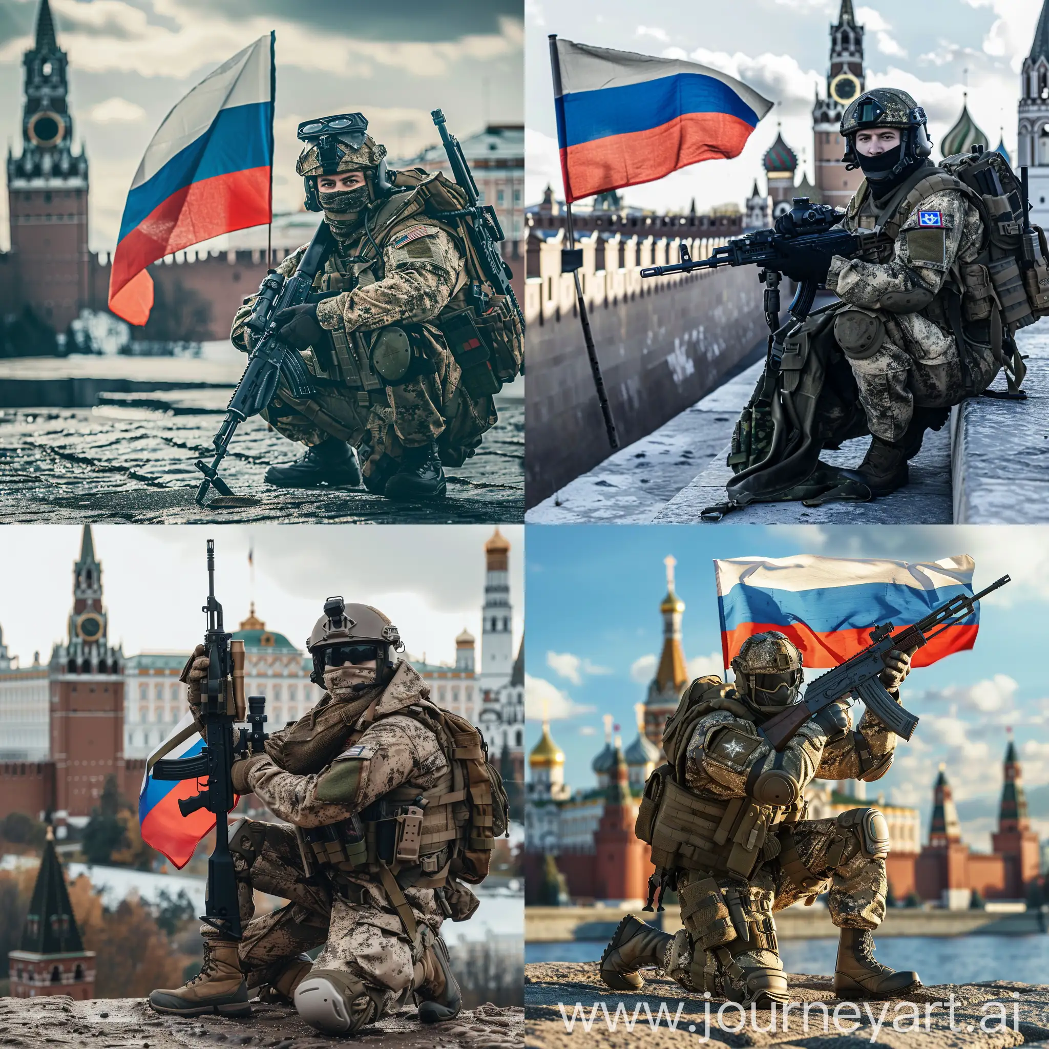 A fighter of the special operations forces with a Kalashnikov assault rifle, with the flag of Russia posing against the background of the Kremlin