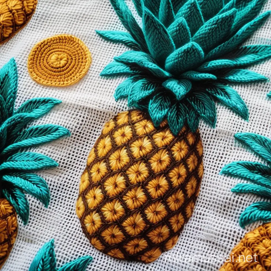 Close up, 1 table cloth made from crochet, the pattern is 1 cute pineapple, painting, painted by Van Gogh. Landscape. Best quality. Keep it simple and aesthetic 