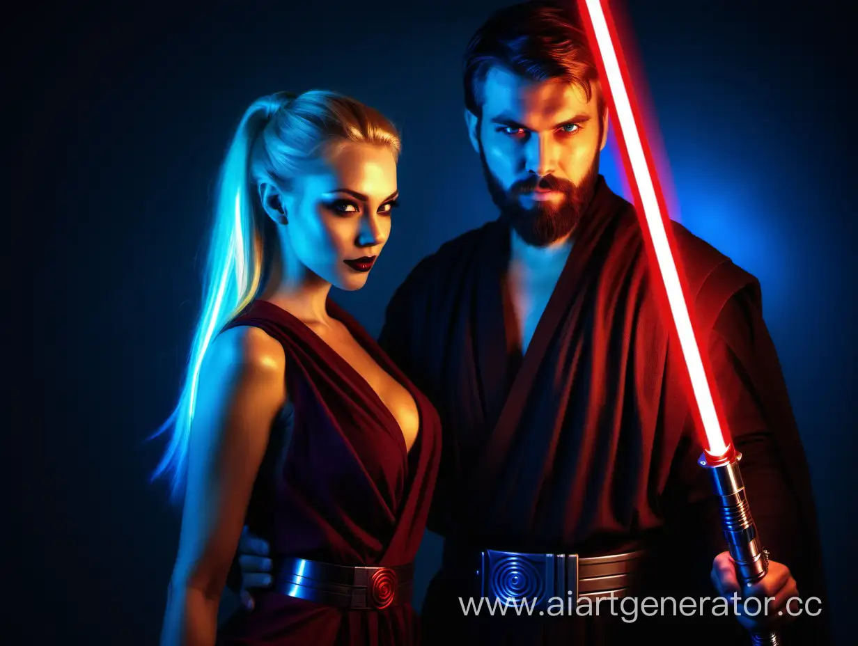 bearded male Jedi Knight with a blue light saber, beautiful sexy blond female Sith with a red light saber, couple, love