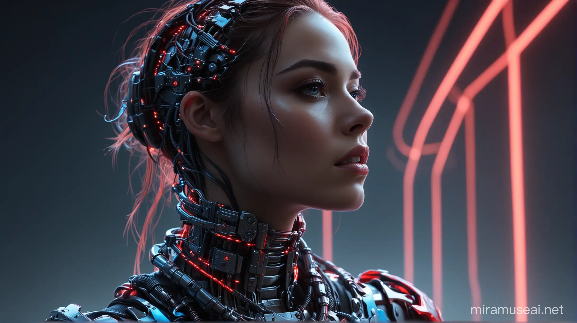 The cyborg girl is looking up at the sky with wires sticking out of her neck and throat., portrait, neon red and blue light, darkness, dark, black tones best quality, 4k, 8k, highres, masterpiece, ultra-detailed, realistic, vibrant and lively characters, unique and eccentric outfits, expressive facial expressions, ethereal lighting, exaggerated proportions, rich textures and depth, creator, fantasy elements, imaginative and vibrant world, emotional and dramatic scenes, editorial, avant-garde hyper futuristic surreal fashion, extreme detail, detailed background
