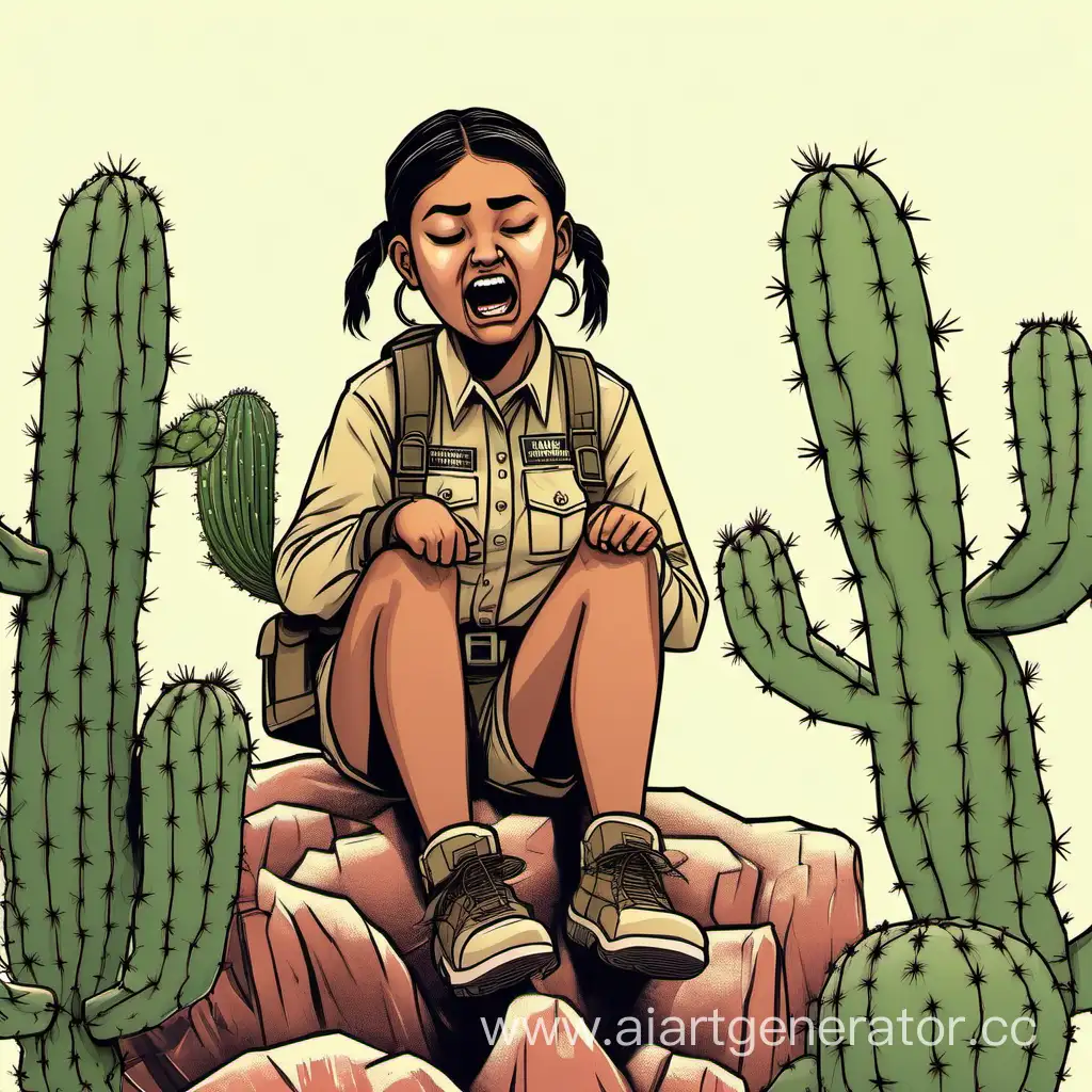 Indigenous girl park ranger in shorts and long sleeves with pigtails is sitting on a cactus, she's screaming