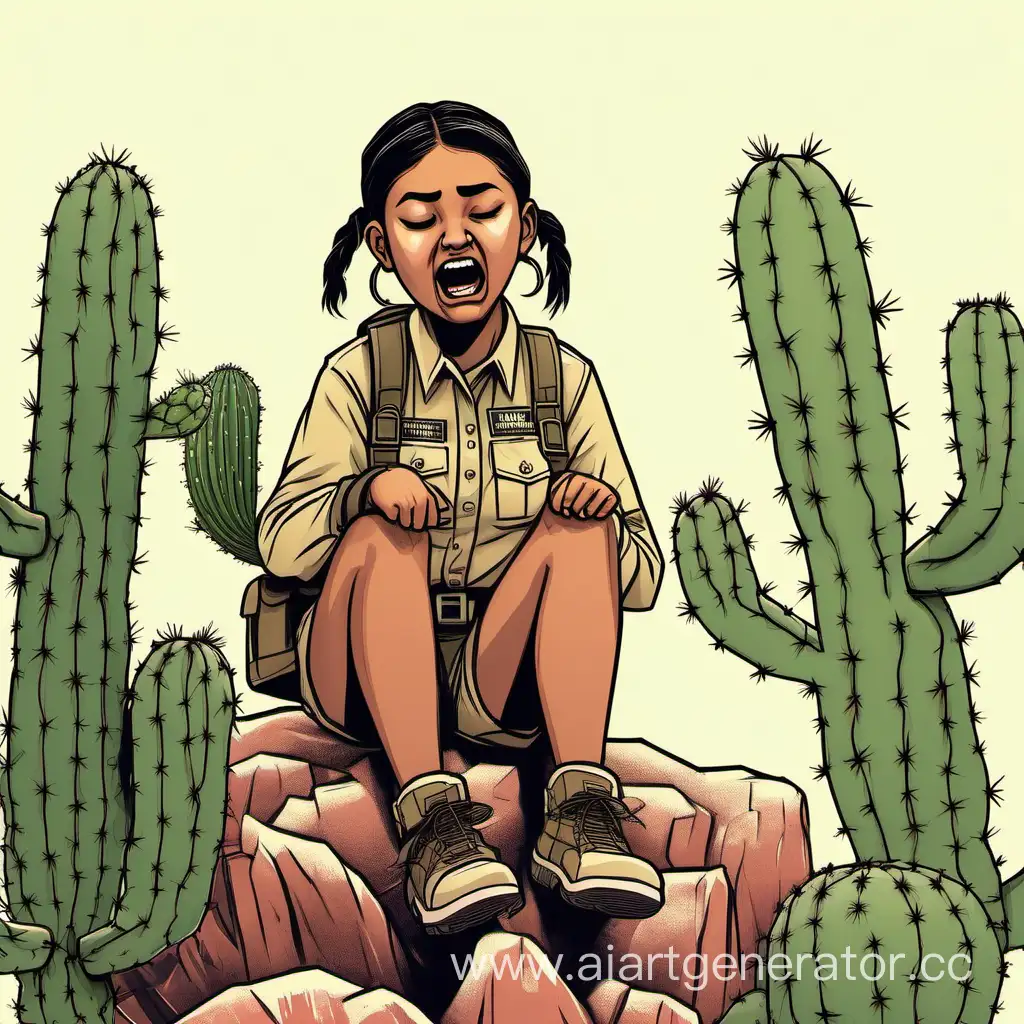 Indigenous-Girl-Park-Ranger-Screaming-on-Cactus