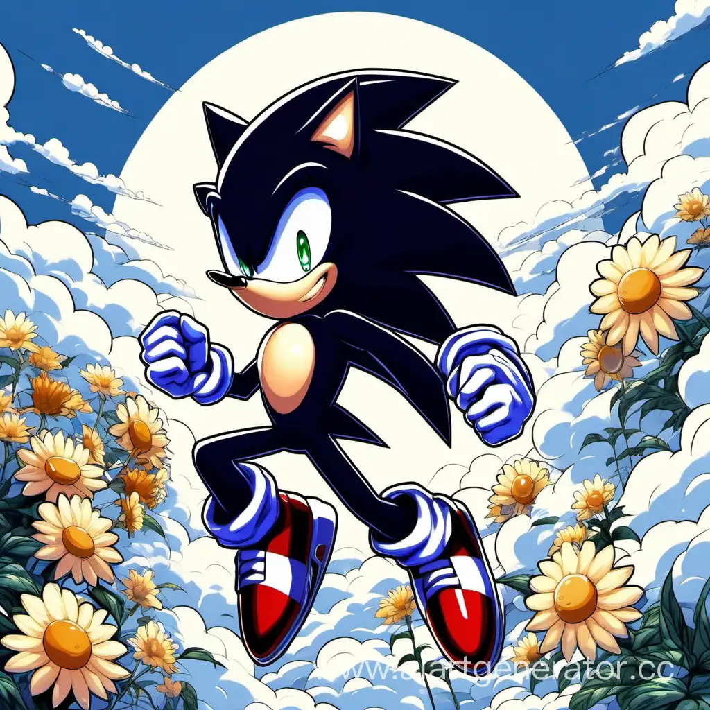 Majestic-Black-Sonic-Walking-Among-Clouds-with-Blooming-Flowers
