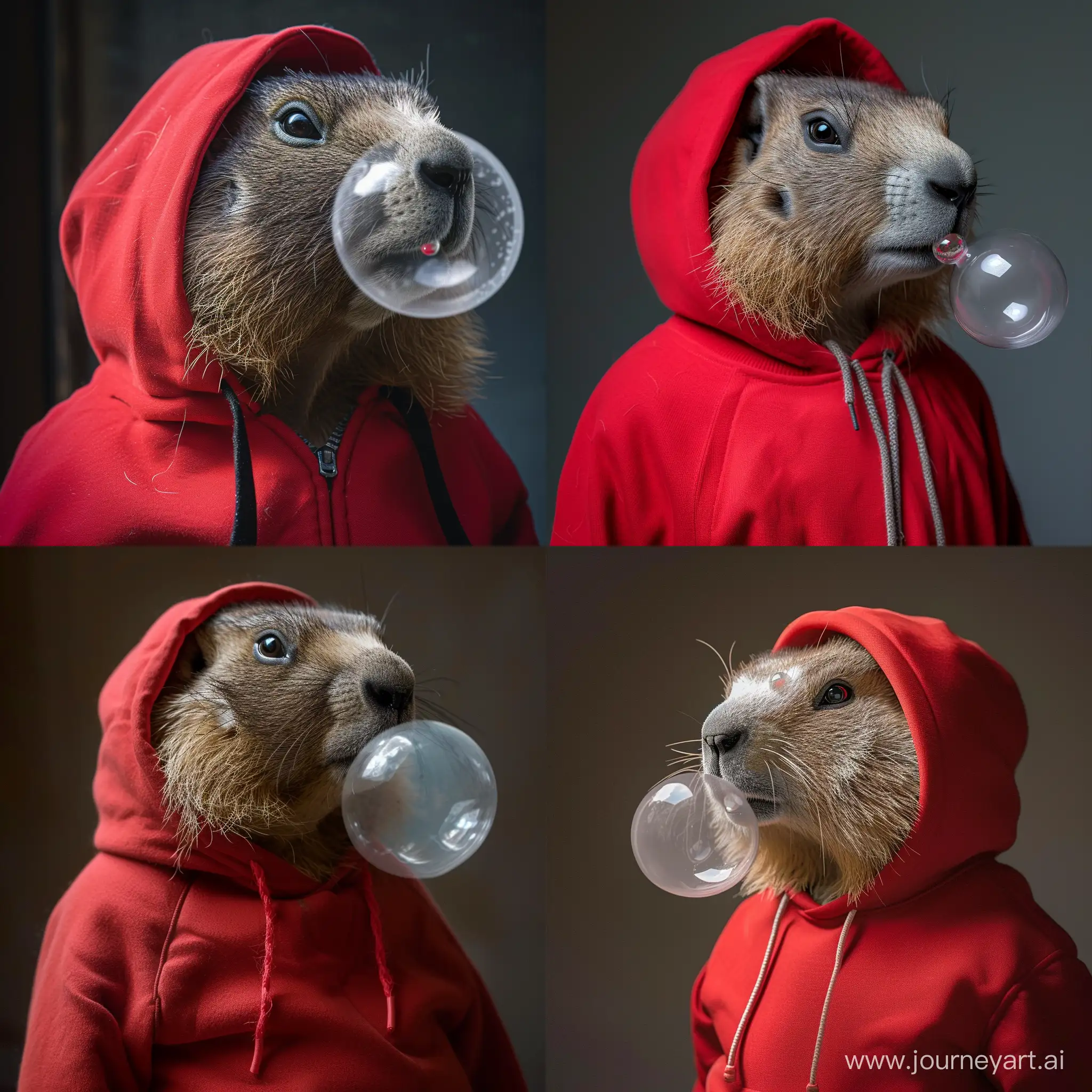 Fat himalayan marmot in red hoodie, marmot blowing bubble gum, realisti --style raw